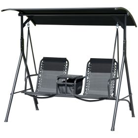 2-Seat Outdoor Porch Swing, with Pivot Storage Table, Cup Holder, & Adjustable Overhead Canopy, Stand's Skid-Resistant Feet Pad, Breathable Mesh