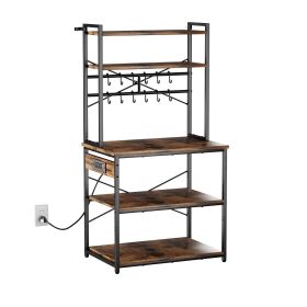 Kitchen Bakers Rack, 5 ft Power Cable Bakers Rack with Power Outlet, Kitchen Stand with X-Shaped Support Bar, 12 S-Shaped Hooks